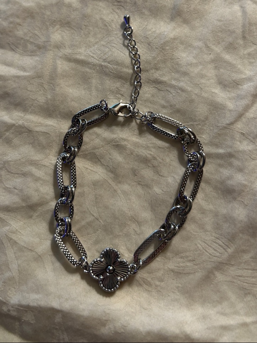 Silver Floral Link Bracelet with Adjustable Chain